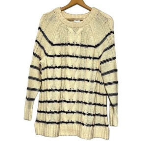 Pull tricoté J Jill Cable XL beige bleu coton mélangé pull pêcheur rayé - Photo 1 sur 10