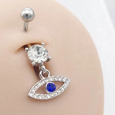Belly Bars Button Piercing Bar Dangle Navel Body Jewellery Ring Silver Evil Eye - Image 1 of 4