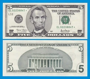 United States 5 Dollars 2001 UNC STAR Replacement, L San Francisco FR 1988L*Star - Picture 1 of 1