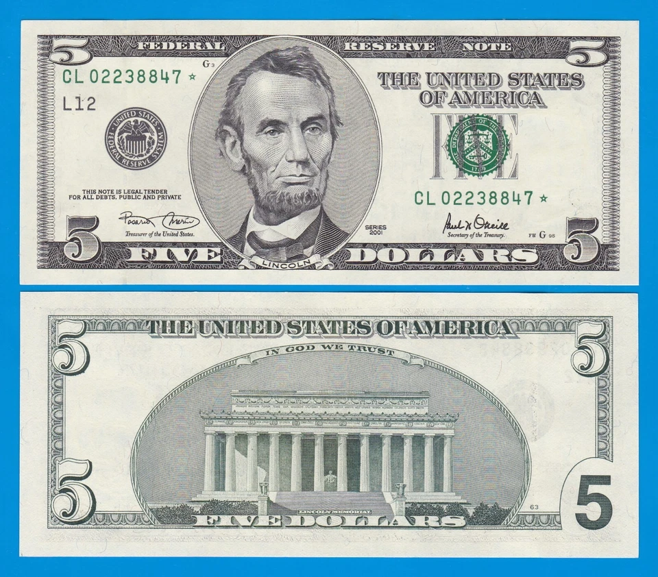 United States 5 Dollars 2001 UNC STAR Replacement, L San Francisco FR 1988L*Star - Image 1 of 1