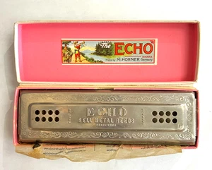 VINTGE M. HOHNER GERMANY THE ECHO HARP 6 1/2" DOUBLE REED HARMONICA ORIGINAL BOX - Picture 1 of 7