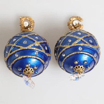 DOLCE & GABBANA Earrings Gold Brass Blue Christmas Ball Crystal Drop Clip On - Image 1 of 4