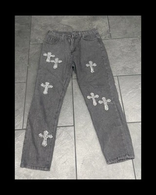 Grey Denim Jeans , 30x29, Vintage Skater Jeans, Y2K Denim, Cross Patches - Изображение 1 из 3