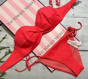 Victoria's Secret Swim Twist Front Strapless Coral Blaze Bandeau Bikini Set - Picture 1 of 5