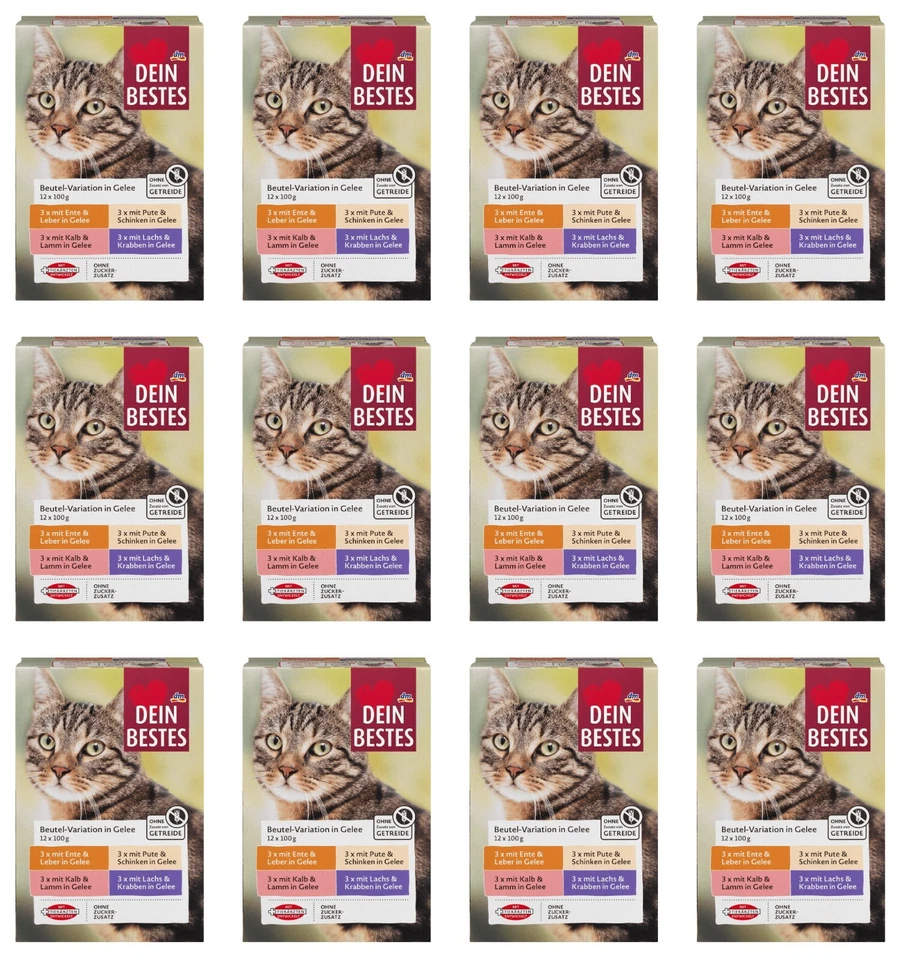 12 x 1,200g | Dein Bestes Nassfutter Katze mit Ente, Kalb, Pute, Lachs in Gelee - Bild 1 von 1