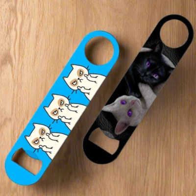 Stainless Steel Bar Blade Bottle Opener Muther Fluffer and Yin Yang Cat Designs - Image 1 of 4