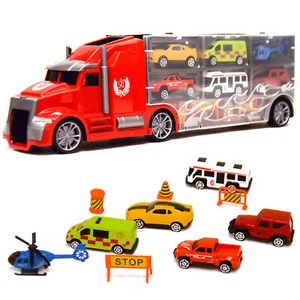 Toy Truck Transport Car Carrier Kids Gift With 6 Diecast Vehicles & Accessories - Picture 1 of 9