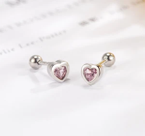 Silver Titanium Love Pink Heart CZ Ball Stud Earrings - Picture 1 of 1