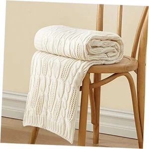 Cable Knit Throw Blankets 50 x 60 Inches, Soft Cozy and 50" x 60" Cream White - Picture 1 of 8
