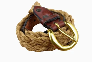 Braided Rope Belt Women's S Tan Woven Brown Leather Trim Gold Tone Round Buckle - Picture 1 of 24