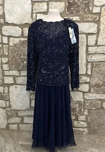 SCALA Maxi Long Dress Sz 2X Beaded Gown Sequin L/Sleeve Navy Blue $225 NWT - Picture 1 of 9