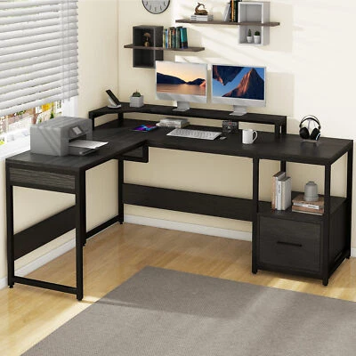 65" L Shaped Office Desk with Lift Top and with File Drawer Adjustable Standing - Image 1 of 4