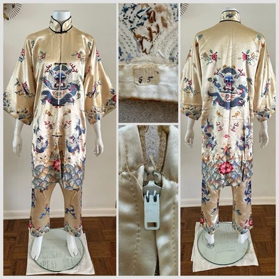 1930s Chinese Silk Satin Embroidered Lishui Dragon Robe Dress Pant Pajama VTG - Image 1 of 4