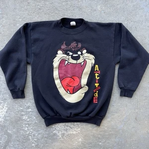Vintage Looney Tunes Taz Big Face Black Sweatshirt Crewneck Attitude 90s Large - Picture 1 of 10