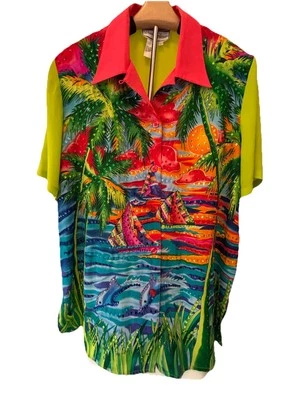 Vintage Diane Gilman 100% Silk Sequins Tropical Dolphins Sailboat  Size Large - Изображение 1 из 4