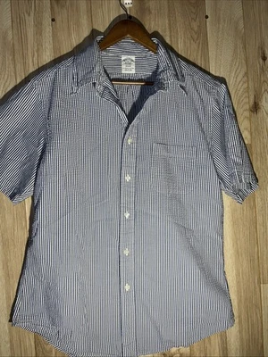 Brooks Brothers 男式大号摄政蓝色泡泡纱短袖纽扣 — 第 1/4 张图片