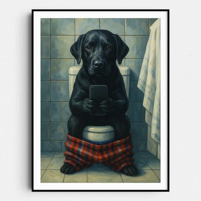 Impresión divertida de póster de arte de pared Black Labrador Retriever en el inodoro en el teléfono Foto 1 de 4