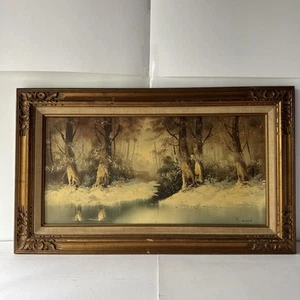 Vintage Oil Painting–Winter Forest River Scene – Signed K.Wood Ornate Gold Frame - Picture 1 of 13