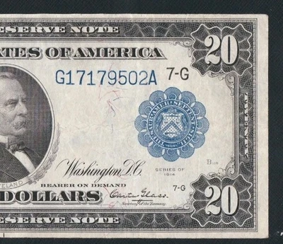 BEAUTIFUL RARE BURKE/GLASS SIGNATURES 1914 $20 FRN. NO PINHOLES OR TEARS - Image 1 of 3