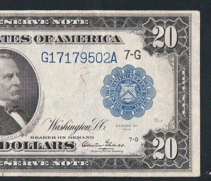 BEAUTIFUL RARE BURKE/GLASS SIGNATURES 1914 $20 FRN. NO PINHOLES OR TEARS - Image 1 of 3