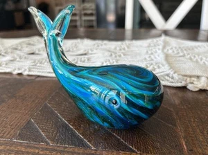 Studio Glass Whale Paperweight Art Stripe Green Blue Swirl Whale Ocean Fish - Picture 1 of 5