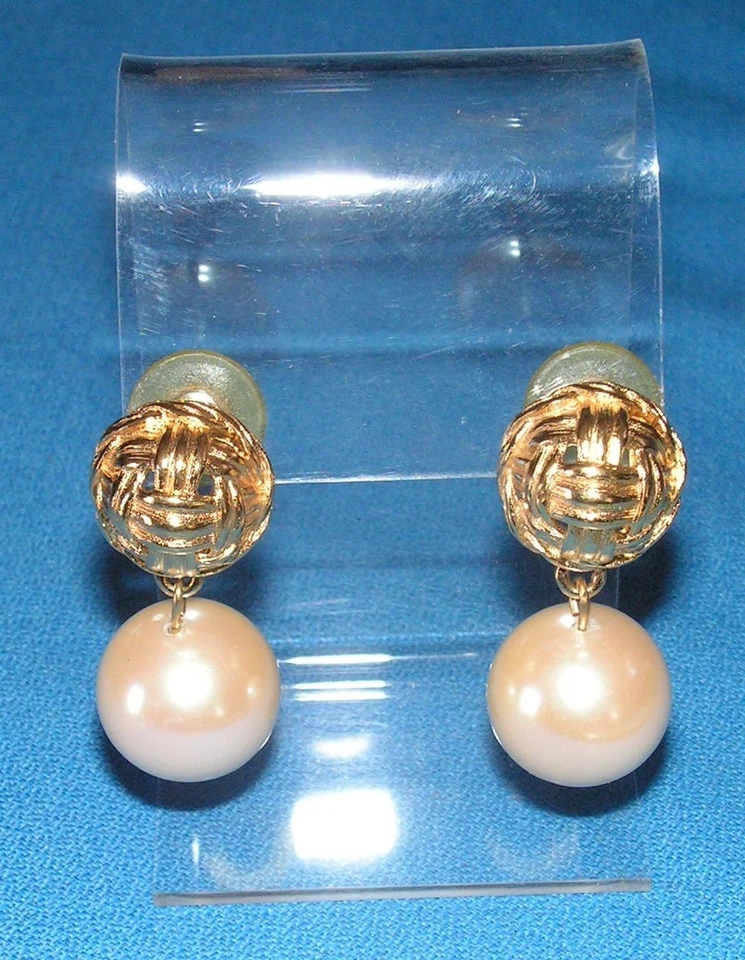  Vintage 70's Givenchy Gold Tone Metal / Glass Pearl Drop Earrings - Signed  - Image 1 of 4
