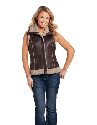 Cripple Creek Western Vest Womens Faux Aviator Zip L Pinecone CW8413 - Image 1 of 2