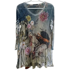Katina Marie Art To Wear Geisha Flowers Print Tunic Top Size Large Semi Sheer - Picture 1 of 10