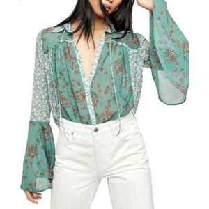 Blusa para mujer Free People Serena floral manga campana abotonada verde talla XS - Imagen 1 de 9