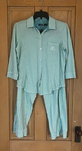 Lauren Ralph Lauren Womens Striped Cotton 2 Piece Pajama Set Medium Green SP EXC - Picture 1 of 12