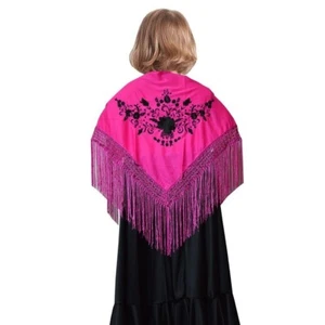 Girls Flamenco Spanish Embroidered Shawl Cover Up Wrap Dance Pink Black - Picture 1 of 1