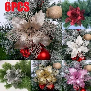 6Pcs Glitter Christmas Poinsettia Hanging Flowers Party Xmas Tree Decoration US - Picture 1 of 16