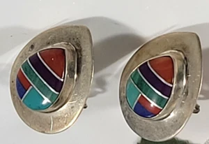 Vintage Sterling Silver 925 Zuni Native American Earrings Cloisonné Signed SR - Picture 1 of 8