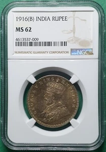 1916 (B) BRITISH INDIA RUPEE SILVER TONED NGC MS 62 - Picture 1 of 4