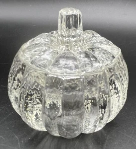 VTG Homco Clear Textured Glass Pumpkin Jar Dish w Lid Candle Candy Trinkets Fall - Picture 1 of 6