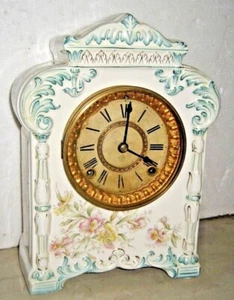 ANTIQUE LARGE ANSONIA PORCELAIN MANTEL 8 DAY CHIME CLOCK WORKING ?ROYAL BONN? - Picture 1 of 10