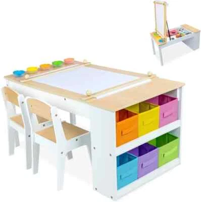 3in1 children's table painting table children's desk with 2 chairs children's seating group wood - Image 1 of 4