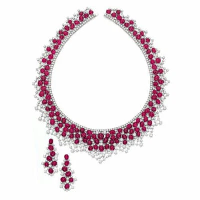 Conjunto de collar pendiente rojo blanco de plata de ley 925 maciza para fiesta de cóctel para mujer Foto 1 de 2
