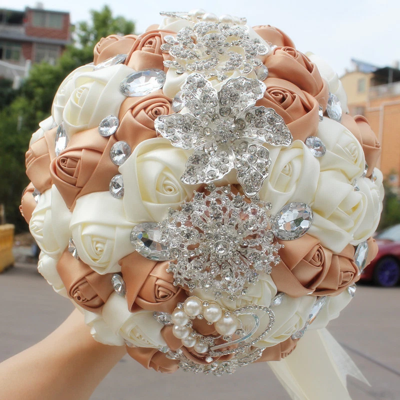 Handmade Luxury Silk Rose Rhinestone Pearl Brooch Wedding Bridal Bouquet  - Image 1 of 4