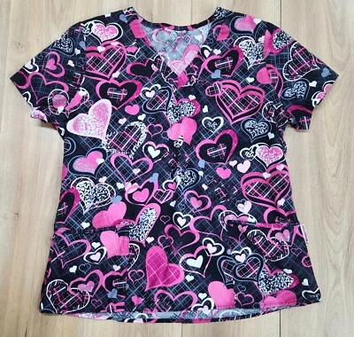 White Cross Womens Sz Medium Scrub Top, V-Neck, Stretch, Hearts Designs, Comfort - Image 1 of 4
