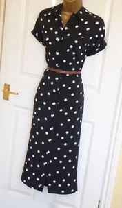 Black white polka dot vintage WW2 40s 50s midi tie shirt tea day dress sz 18 - Picture 1 of 5