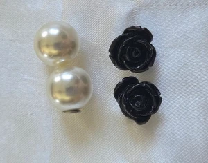 Double Sided Black Rose Earrings Elegant Faux Pearl Stud Front Back Ball Posts - Picture 1 of 6