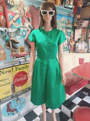 Vestido De Colección Mediados de Siglo 40s 50s 60s Verde Esmeralda Satinado Cóctel Fiesta M Crinolina Foto 1 de 4