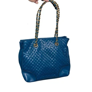 Vintage Joan Rivers Handbag Teal Blue Faux Leather Gold Chain Straps - Picture 1 of 17