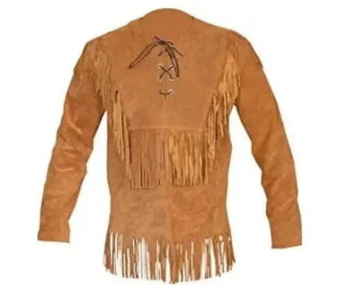 Vintage Lace-Up Pullover Shirts for Men with Tassels Native American Fringes - Image 1 of 4