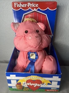 Peluche nylon Fisher Price Barnyard Puffalump Pink Pig 9" Blue Ribbon Prize 1996 - Foto 1 di 6
