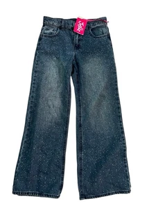New Justice Blue Denim Jeans Wide Leg Sparkle Front SZ 8 Soft Stretch - Picture 1 of 5