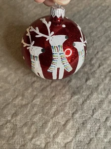 Glass Christmas Ornament Red With White Reindeer  - Picture 1 of 6