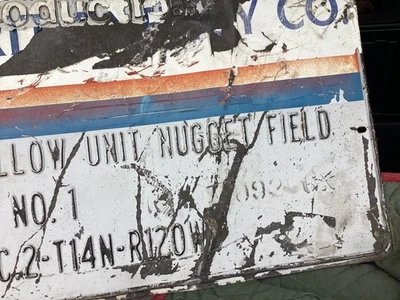 antiguo. Letrero de mina de oro amoco. Letrero de hojalata de pepita antiguo letrero original Foto 1 de 4