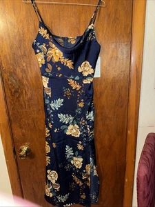 Tsher Blue Floral Cocktail Dress Size M Evening Midi W/ Side Slit NWT C129 - Picture 1 of 7